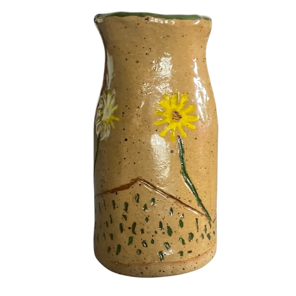 Handmade Studio Pottery Vase with Yellow Flowers Local Artist Stoneware 4 3/16” - Picture 2 of 13